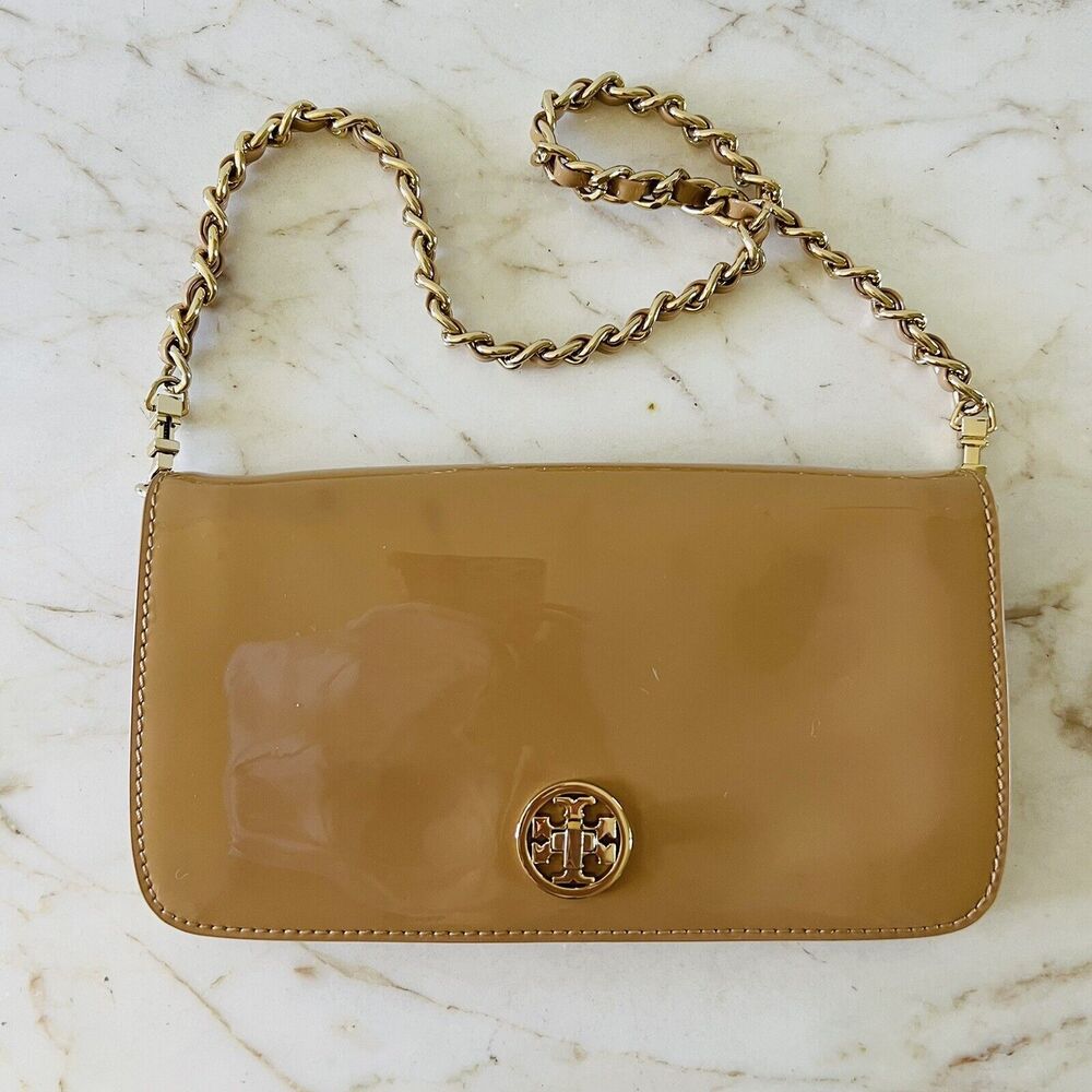 TORY BURCH Tan Patent Leather Gold Braided Chain Strap Clutch Shoulder Bag